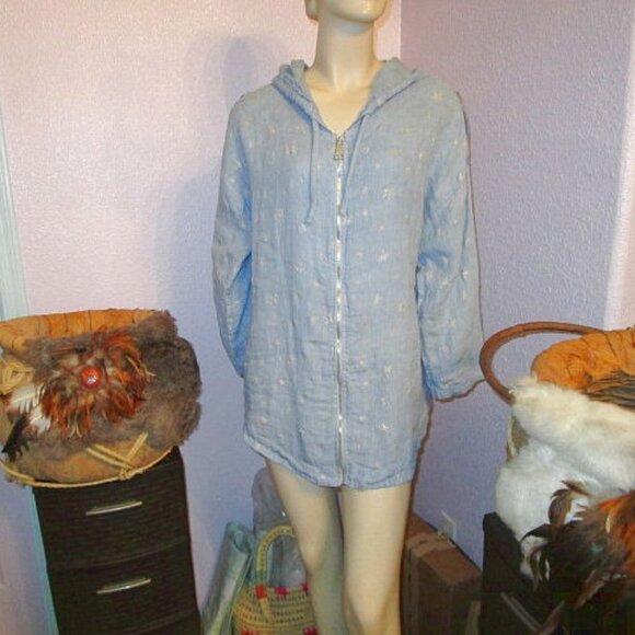 Linen Womens Jacket Size XL Pockets Full Zip Hoodie Long Sleeves Metallic Stars - Picture 1 of 12